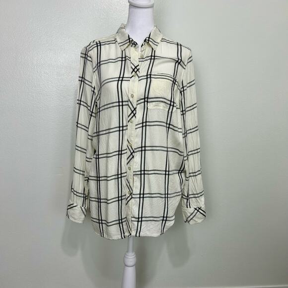 Talbots Women’s Petite L Plaid Button Down Shirt Cream Black Long Sleeve - Picture 1 of 10